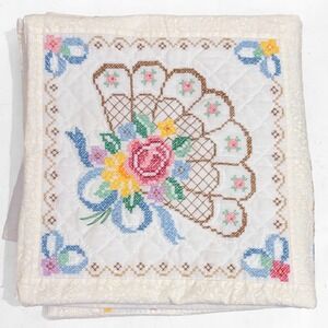 VTG Handmade Quilted Cross Stitch Cottage‎ Floral Fans 52"x69" Baby Blanket